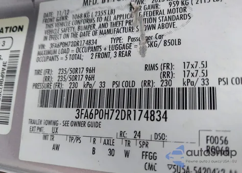 2013 Ford Fusion Se из США, поврежденный, VIN 3FA6P0H72DR174834